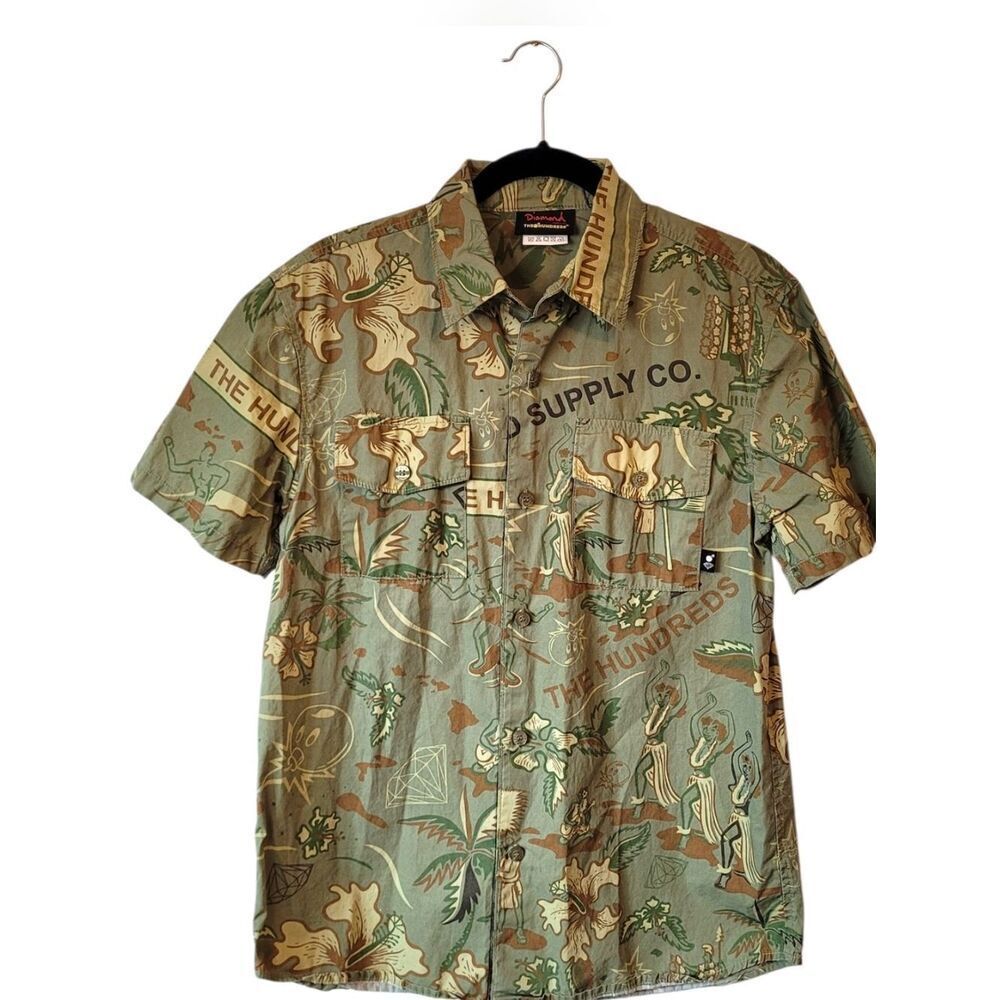 Diamond Supply Co X The Hundreds Olive and Tan Printed Short Sleeve Shirt Size M